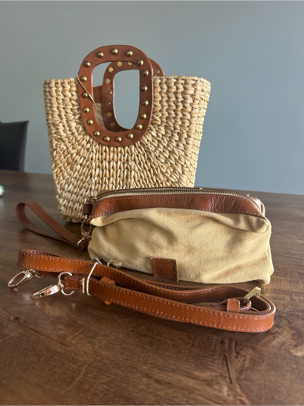 Woven Straw Shoulder Bag with Brown Studded Leather Handles - Picture 4 of 4